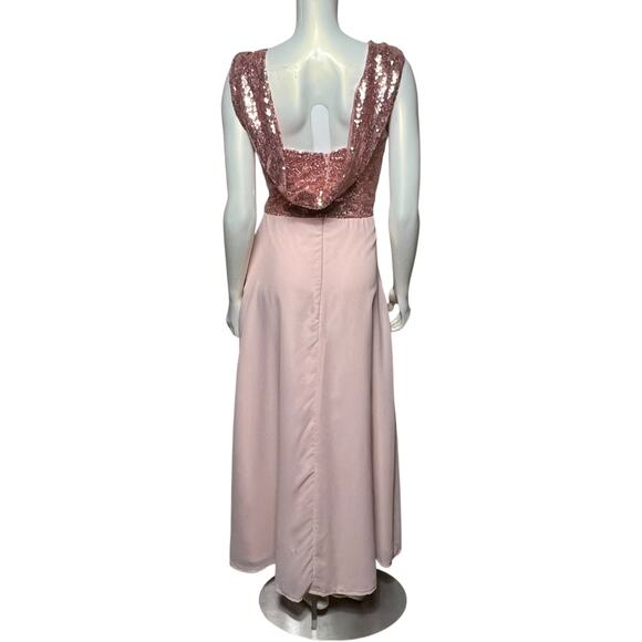 Rose Gold Sequin Prom Dress Pink Chiffon Maxi Evening Gown Size 6 Open Back - Picture 5 of 10